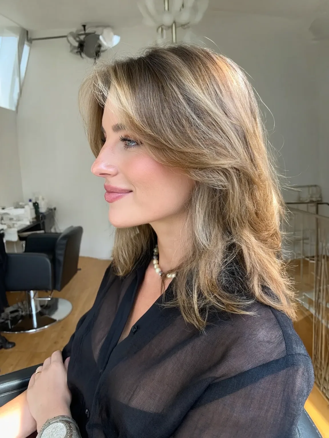 Medium Feathered Layers with Sandy Blonde Balayage